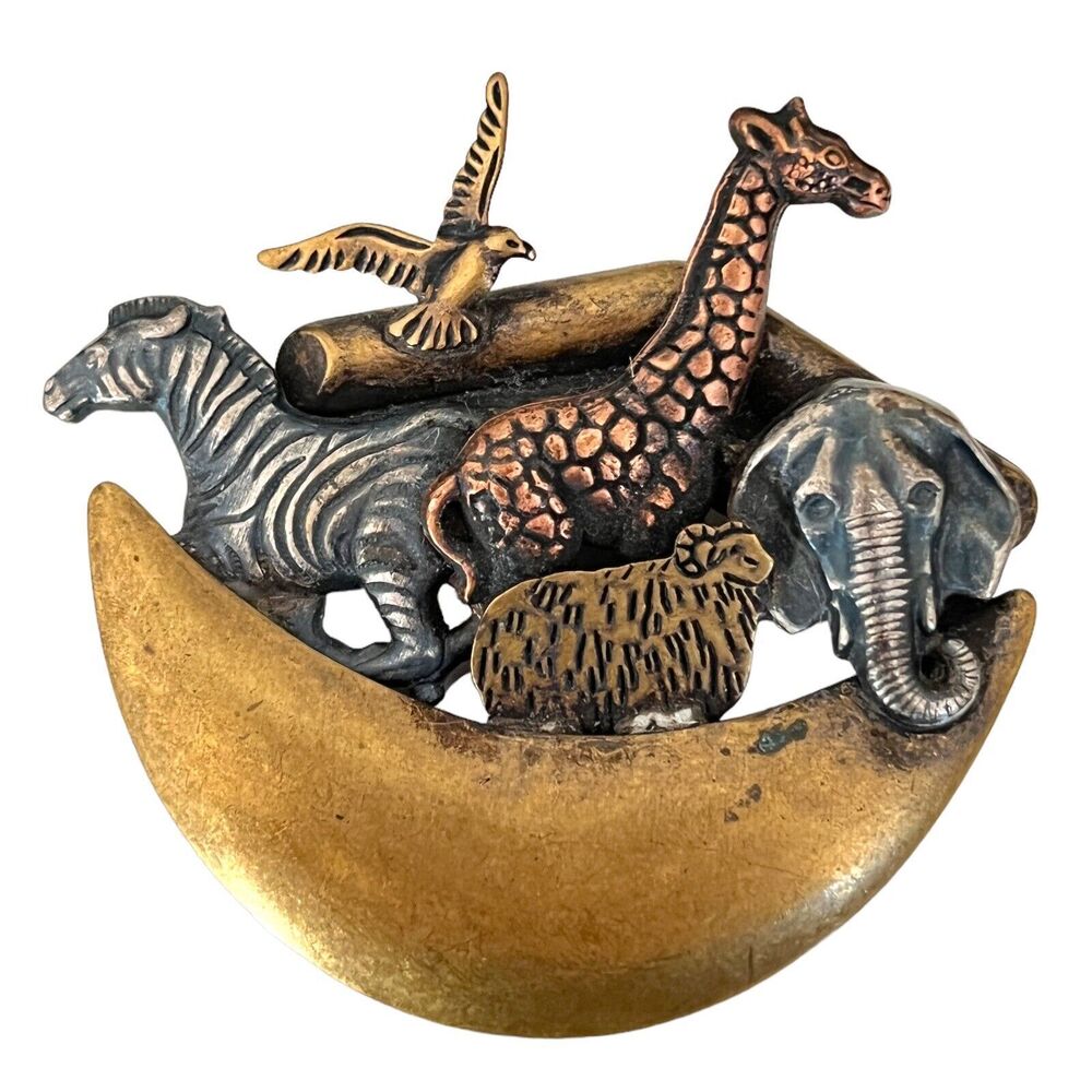 Vintage 1980s Noah's Ark Animal Brooch Multi Tone Figural Pin - 6W